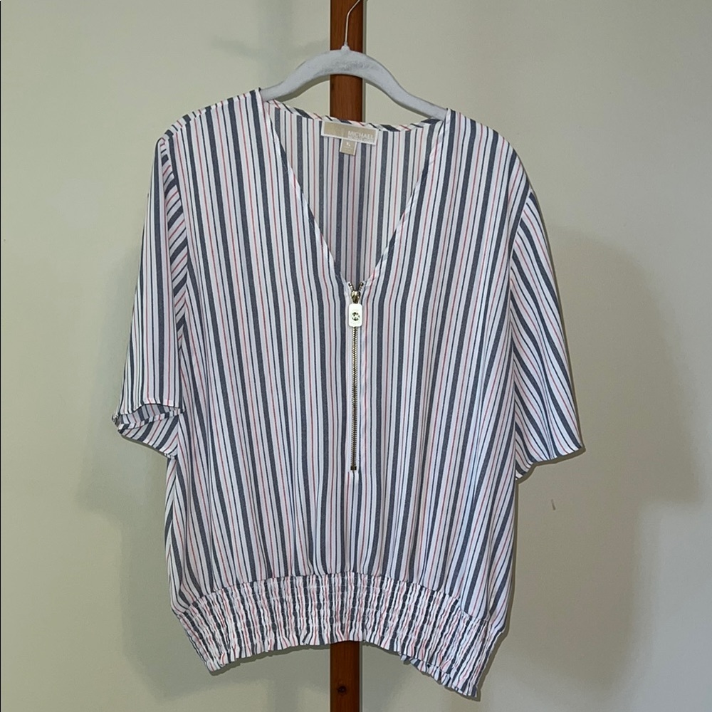 MICHAEL Michael Kors Relaxed White and Blue Short Sleeve Blouse